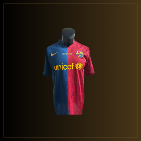 Lionel Messi, Carles Puyol, Gerard Piqué Signiertes Barcelona 2008-09 Heimtrikot