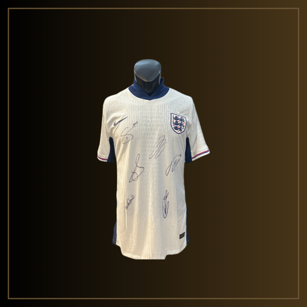 Kyle Walker, Harry Kane, Jude Bellingham, Jordan Pickford, Bukayo Saka Signiertes England 2024 Heimtrikot.