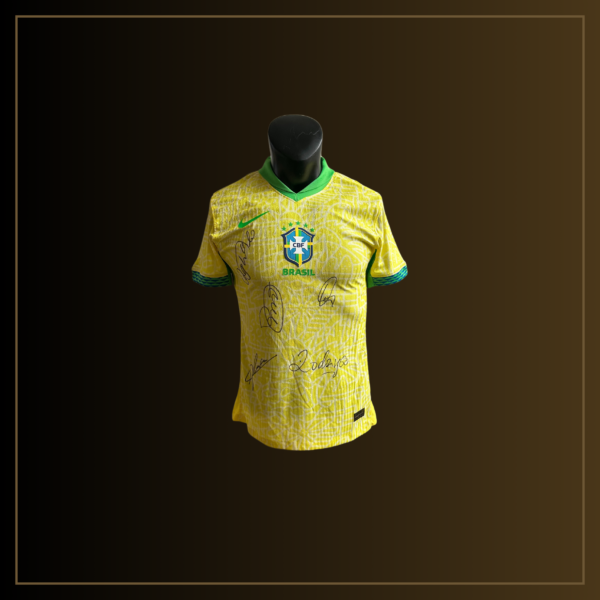 Bruno Guimarães, Vinícius Júnior, Rodrygo, Raphinha, Alisson Becker Signiertes Brazil 2024 Heimtrikot