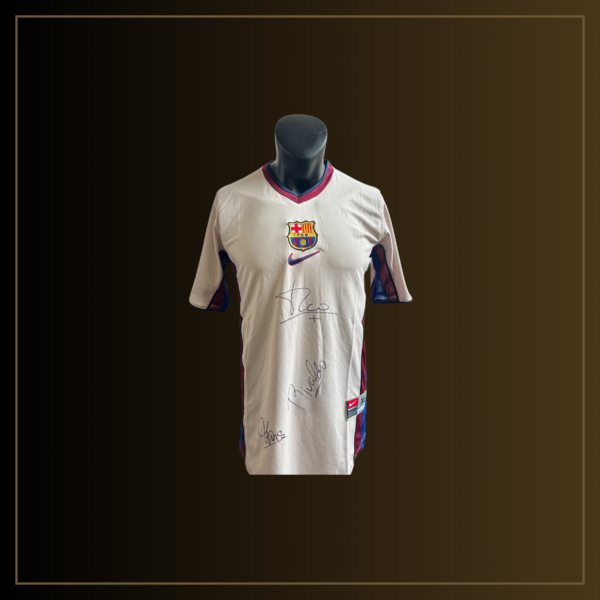 Luís Figo, Rivaldo, Vítor Baía Vorderseite Signiertes Barcelona 1998-99 Auswärtstrikot