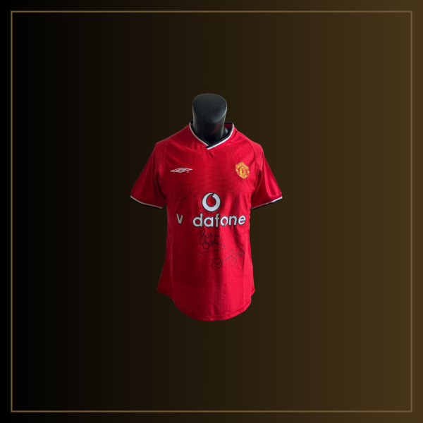 Paul Scholes, David Beckham, Ole Gunnar Solskjaer Signiertes Manchester United 2001-02 Heimtrikot