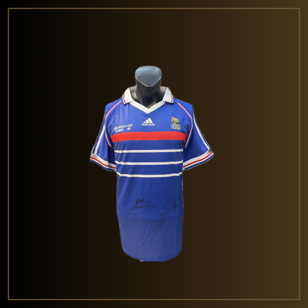 Zinedine Zidane, Marcel Desailly, Fabien Barthez Signiertes Frankreich 1998 World Cup Finale Trikot